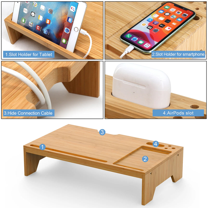 Organizador de mesa riser de suporte de monitor de bambu, armazenamento de suporte de mesa de madeira para casa e escritório para computador, laptop, pc, notebook