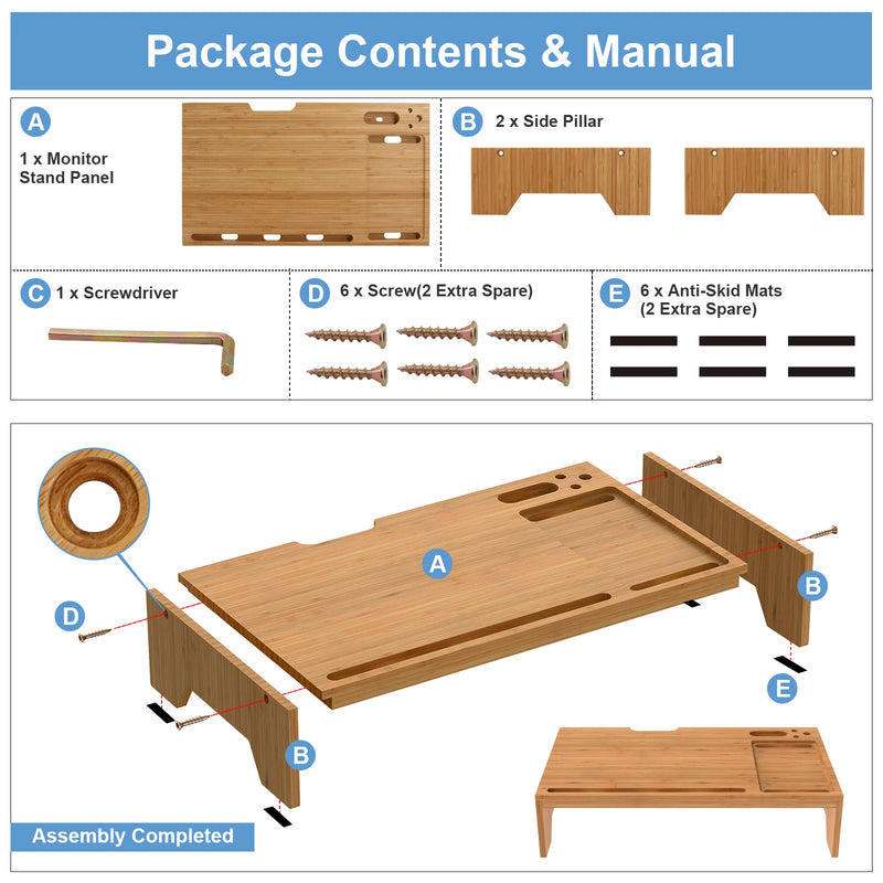 Organizador de mesa riser de suporte de monitor de bambu, armazenamento de suporte de mesa de madeira para casa e escritório para computador, laptop, pc, notebook