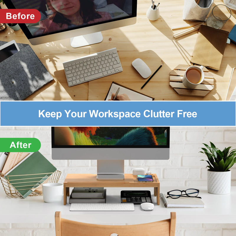 Organizador de mesa riser de suporte de monitor de bambu, armazenamento de suporte de mesa de madeira para casa e escritório para computador, laptop, pc, notebook